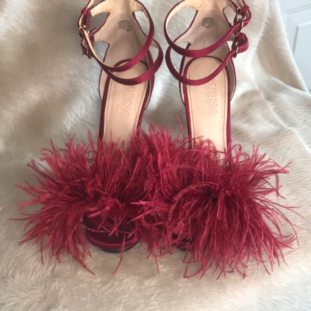 Kirna  Zabete satin platform open toe feather trim heels size 6